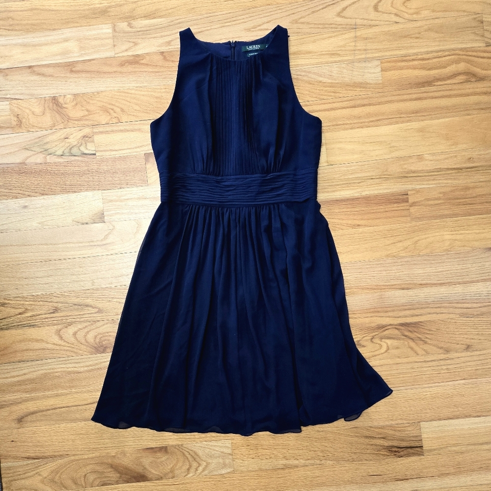 Ralph Lauren Size 12 Navy Pleated Waist Sleeveless Cocktail  Dress